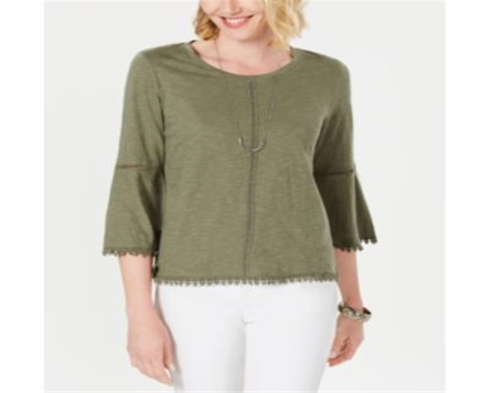 Blusa feminina estilo &amp; co com manga sino e acabamento em crochê, verde, tamanho médio