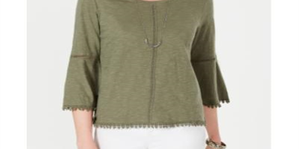 Blusa feminina estilo &amp; co com manga sino e acabamento em crochê, verde, tamanho médio