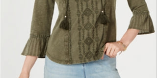 Top feminino estilo camponês verde tamanho X-S