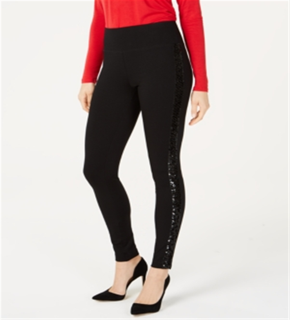 Calça feminina com acabamento em lantejoulas e ponte, preta, tamanho 8 Petite, da INC International Concepts
