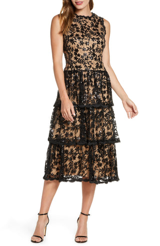 Vestido feminino Taylor com lantejoulas e renda floral bordada, preto, tamanho 8
