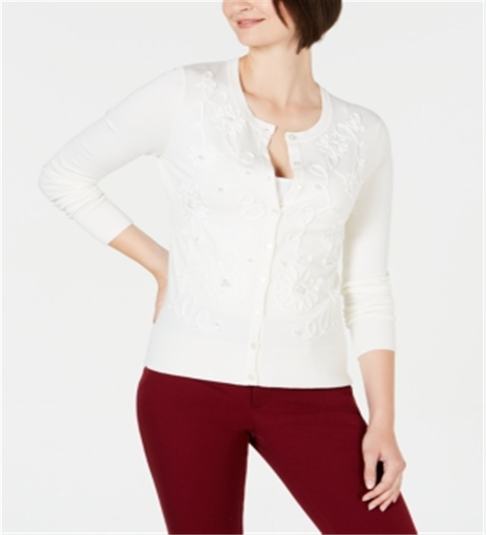 Cardigan feminino com apliques florais Charter Club, branco, tamanho extrapequeno