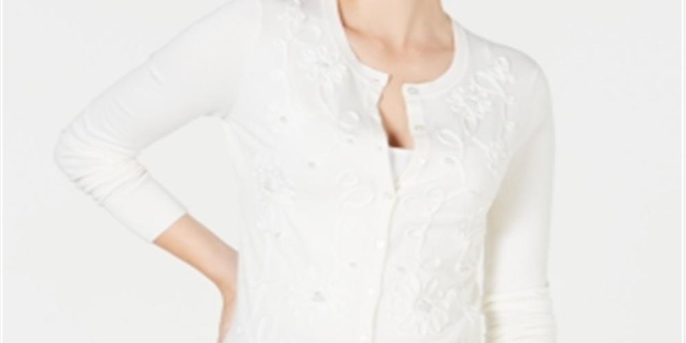 Cardigan feminino com apliques florais Charter Club, branco, tamanho extrapequeno