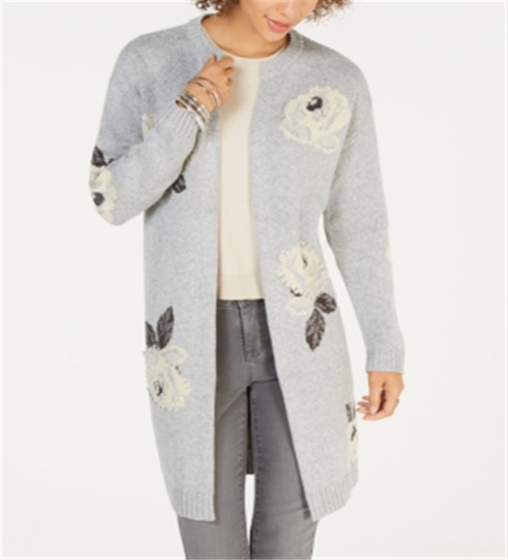 Cardigan feminino com estampa floral e frente aberta, cinza, tamanho pequeno P