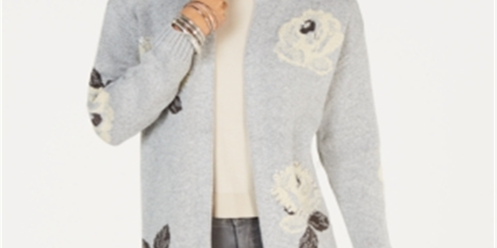 Cardigan feminino com estampa floral e frente aberta, cinza, tamanho pequeno P