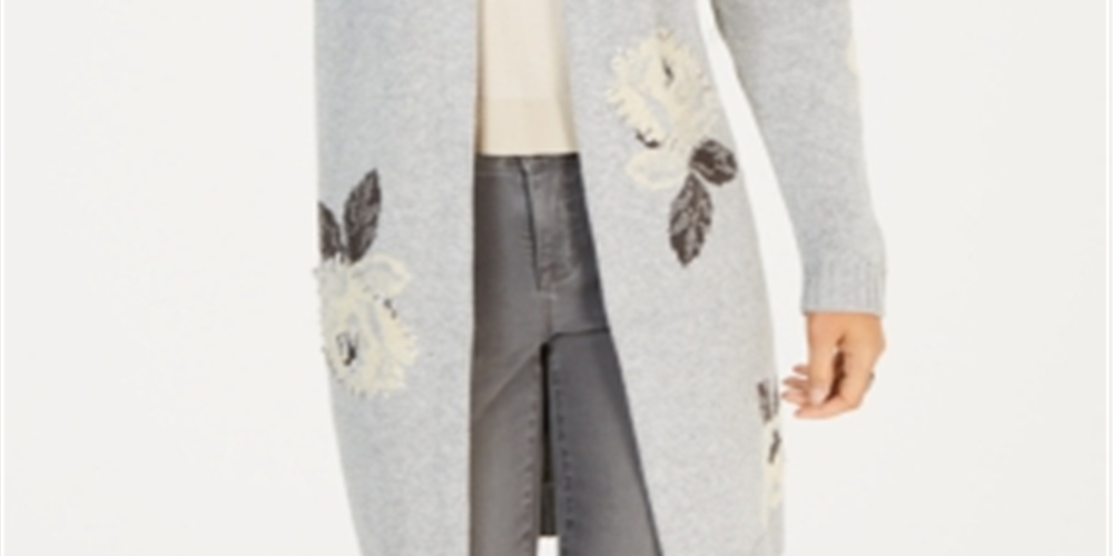 Cardigan feminino com estampa floral e frente aberta, cinza, tamanho pequeno P