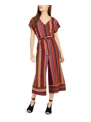 Macacão feminino Be Bop listrado com cinto e perna larga, curto, vermelho, tamanho médio