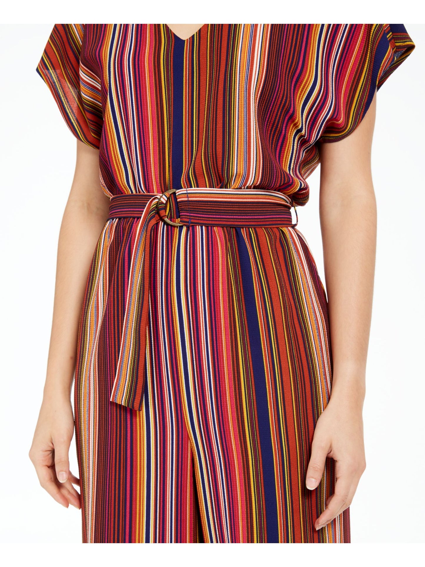 Macacão feminino Be Bop listrado com cinto e perna larga, curto, vermelho, tamanho médio