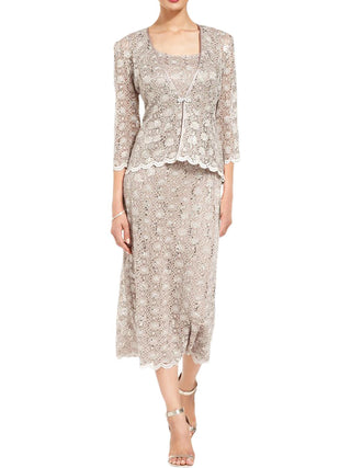 Vestido feminino R&amp;M Richards, sem mangas, com lantejoulas, decote redondo, comprimento chá, marrom, tamanho 18