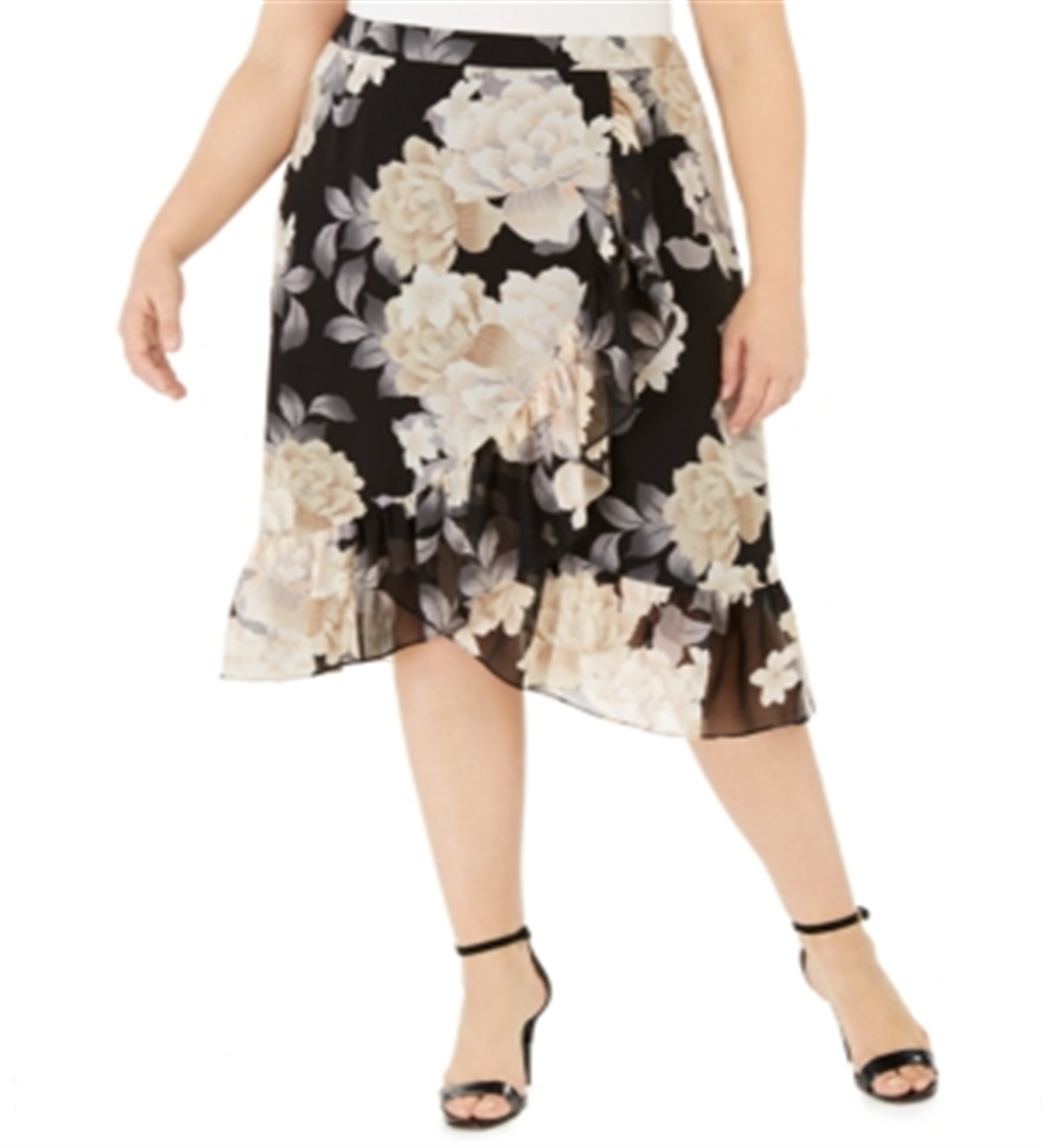Calvin Klein Saia Feminina Plus com Babados Floral Latte Preta Tamanho 16W