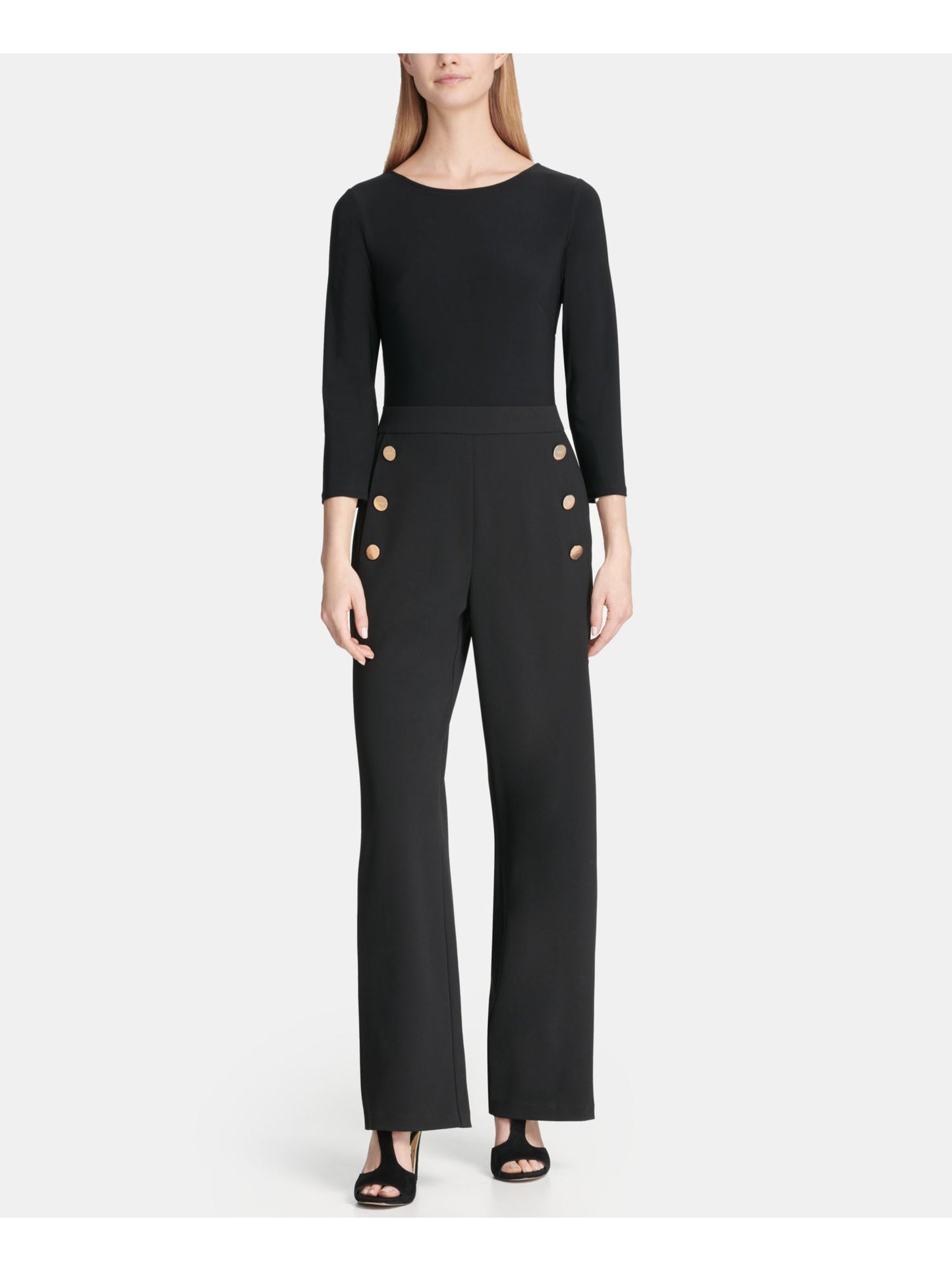 Macacão feminino DKNY com decote em joia e manga 3/4, perna reta, preto, tamanho 6