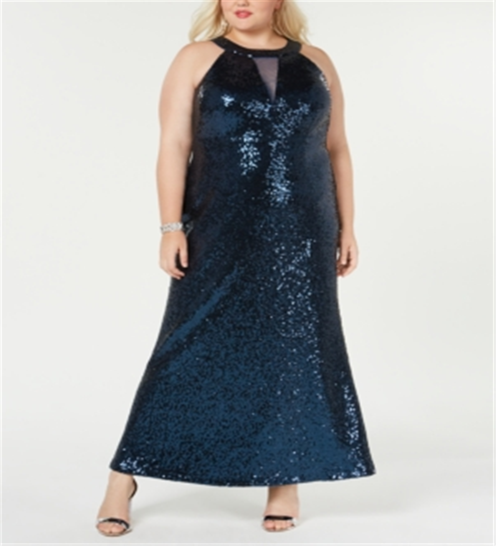 Vestido longo feminino Morgan &amp; Co Trendy Plus com lantejoulas e alças largas, azul, tamanho 24