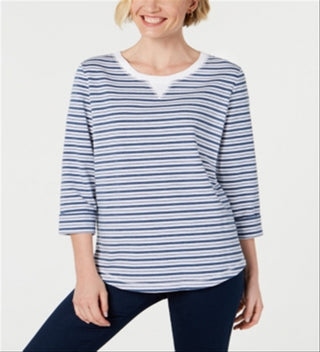 Karen Scott Moletom feminino listrado manga 3/4 azul - branco tamanho pequeno P