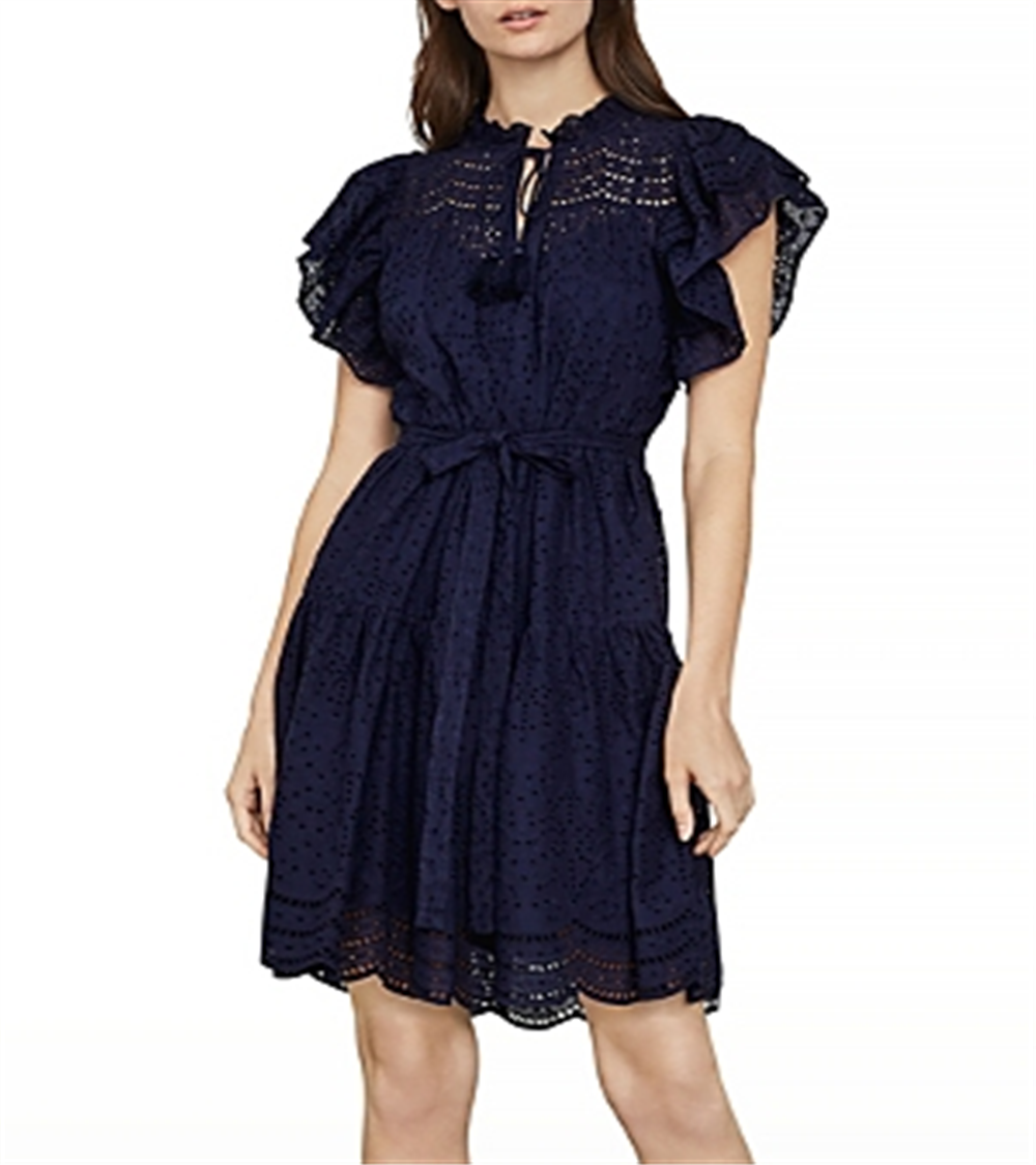 Bcbgmaxazria Vestido curto feminino com babados e ilhós, azul, tamanho grande