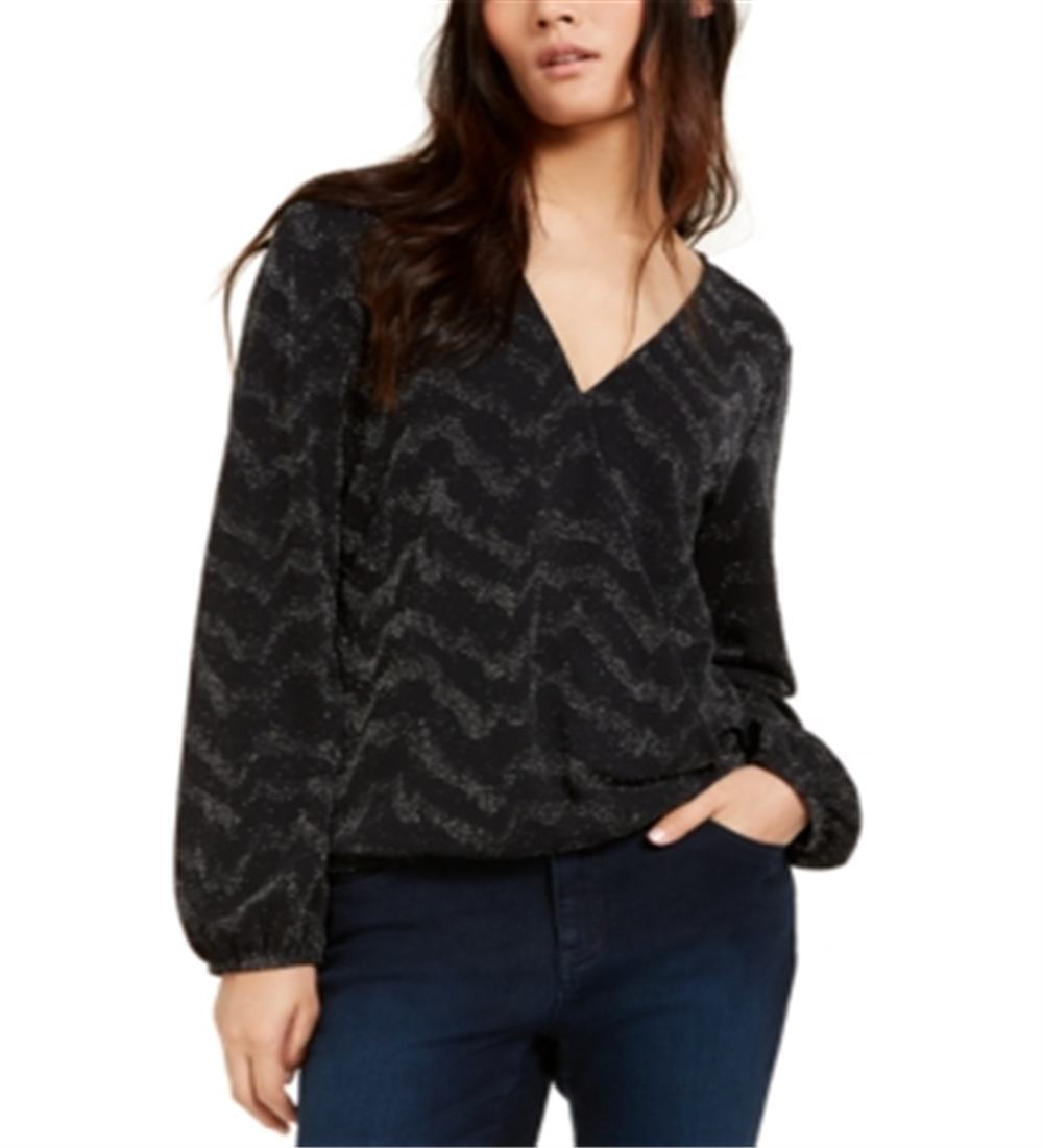 INC International Concepts Top feminino metálico com sobrepeliz, preto, tamanho X-S