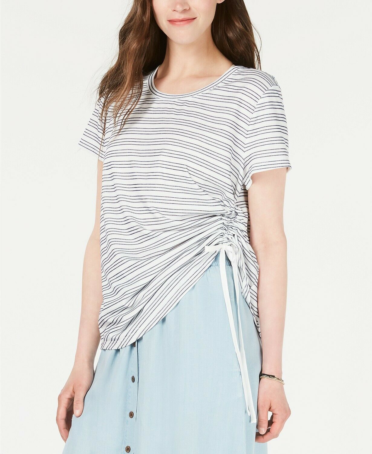 Blusa listrada com franzidos laterais estilo &amp; co feminina, marrom, tamanho grande