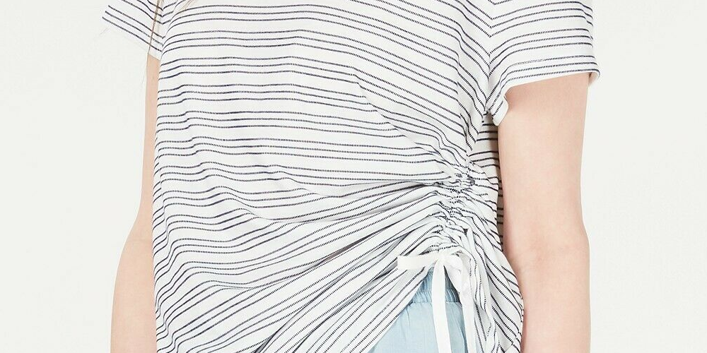 Blusa listrada com franzidos laterais estilo &amp; co feminina, marrom, tamanho grande