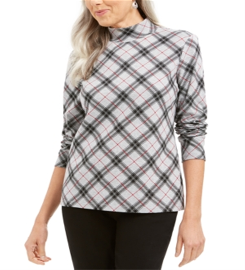 Karen Scott Blusa feminina xadrez gola alta cinza tamanho pequeno P
