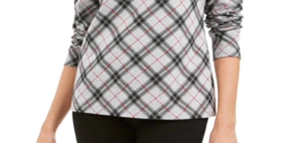 Karen Scott Blusa feminina xadrez gola alta cinza tamanho pequeno P