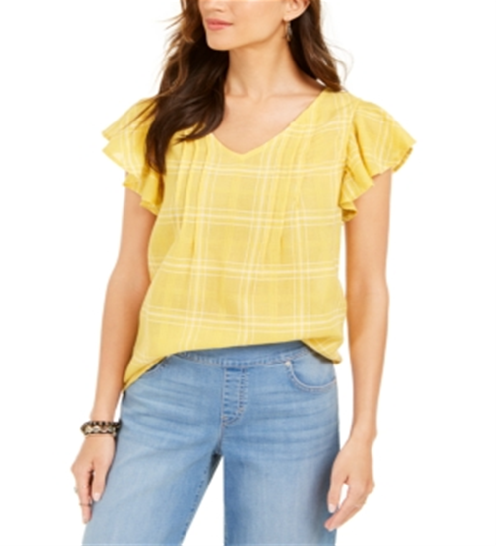 Blusa feminina de algodão xadrez com mangas esvoaçantes Style &amp; Co, amarela, tamanho XX-G