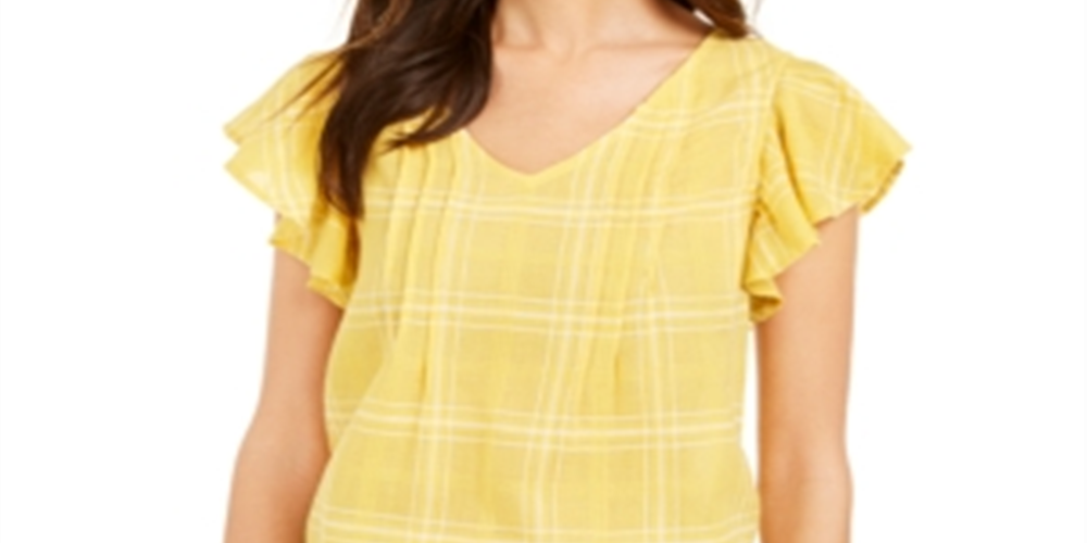 Blusa feminina de algodão xadrez com mangas esvoaçantes Style &amp; Co, amarela, tamanho XX-G