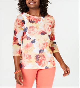 Charter Club Blusa feminina com estampa floral e gola canoa, branca, tamanho X-S