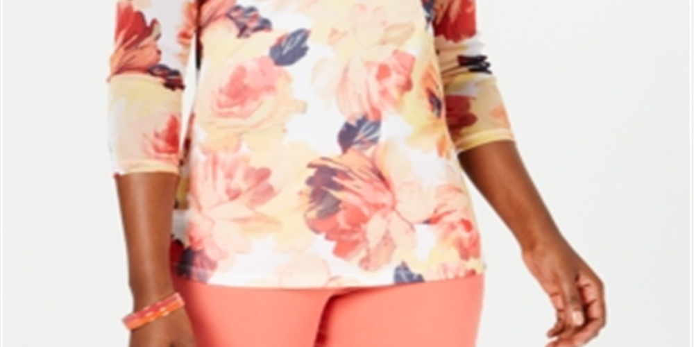 Charter Club Blusa feminina com estampa floral e gola canoa, branca, tamanho X-S