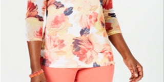 Charter Club Blusa feminina com estampa floral e gola canoa, branca, tamanho X-S