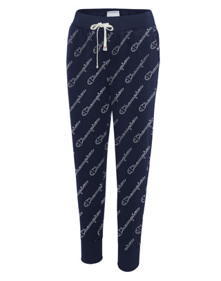 Calça de moletom Champion feminina Allover Logo Outline Script Azul Tamanho X-S