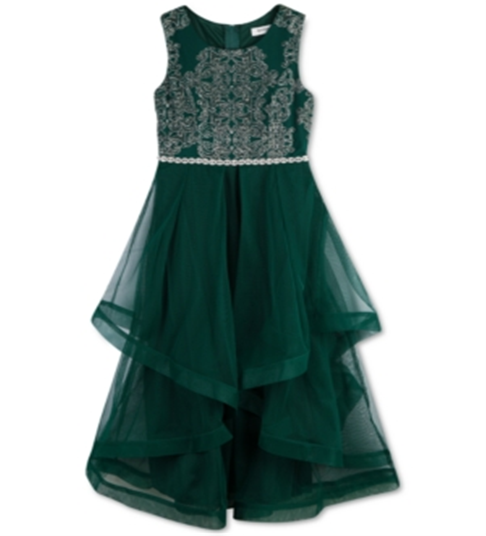 Vestido de menina grande sem palavras com acabamento em crinolina e miçangas, verde, tamanho 12