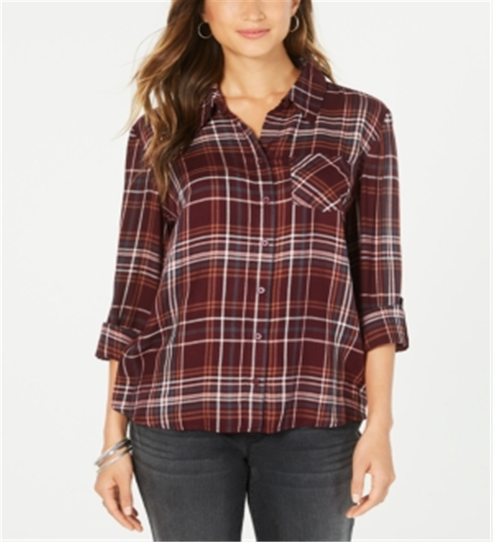 Camisa xadrez feminina Style &amp; Co com um bolso Berry tamanho XS