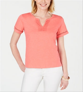 Charter Club Women's Split Neck Cotton Top Pink Size Medium