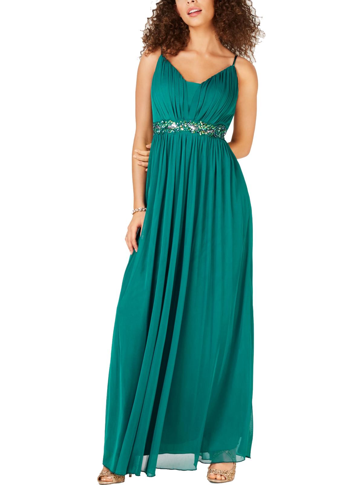 Teeze Me Vestido longo de festa feminino com alças finas e decote em V, verde, tamanho 13-14