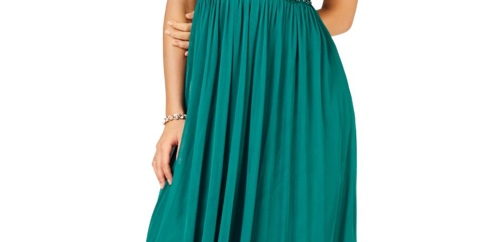 Teeze Me Vestido longo de festa feminino com alças finas e decote em V, verde, tamanho 13-14
