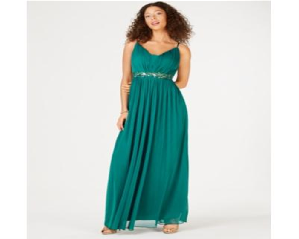Teeze Me Vestido longo de festa feminino com alças finas e decote em V, verde, tamanho 13-14