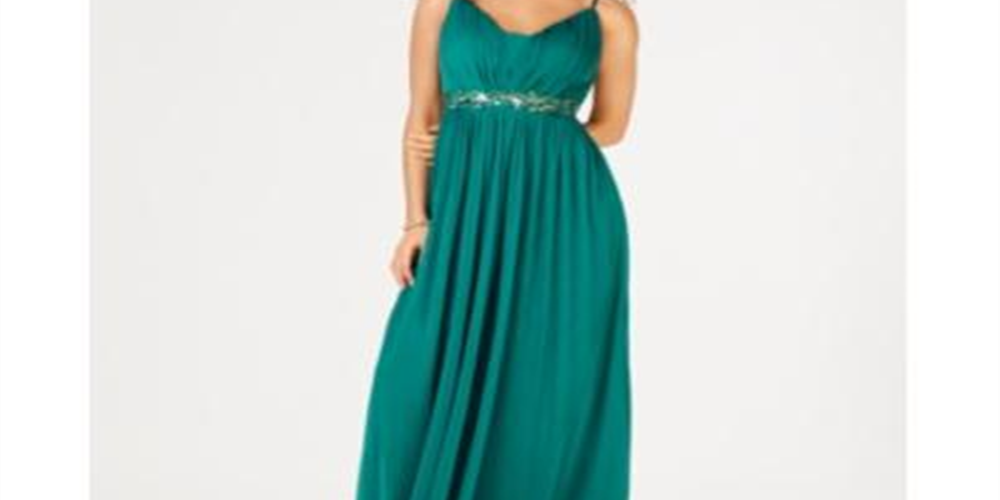 Teeze Me Vestido longo de festa feminino com alças finas e decote em V, verde, tamanho 13-14