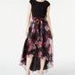 Vestido feminino SL Fashions, linha A, alto e baixo, estampa floral, gola plissada, preto, tamanho 8
