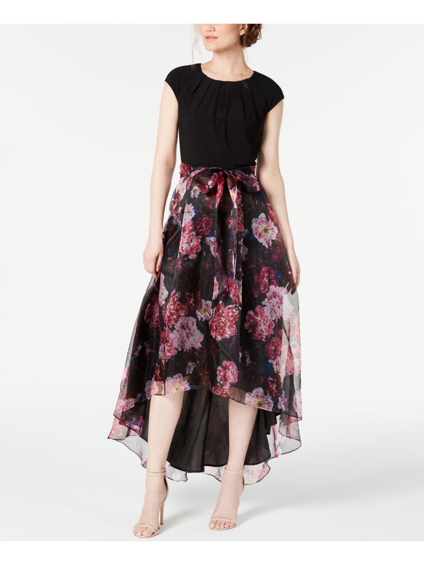 Vestido feminino SL Fashions, linha A, alto e baixo, estampa floral, gola plissada, preto, tamanho 8