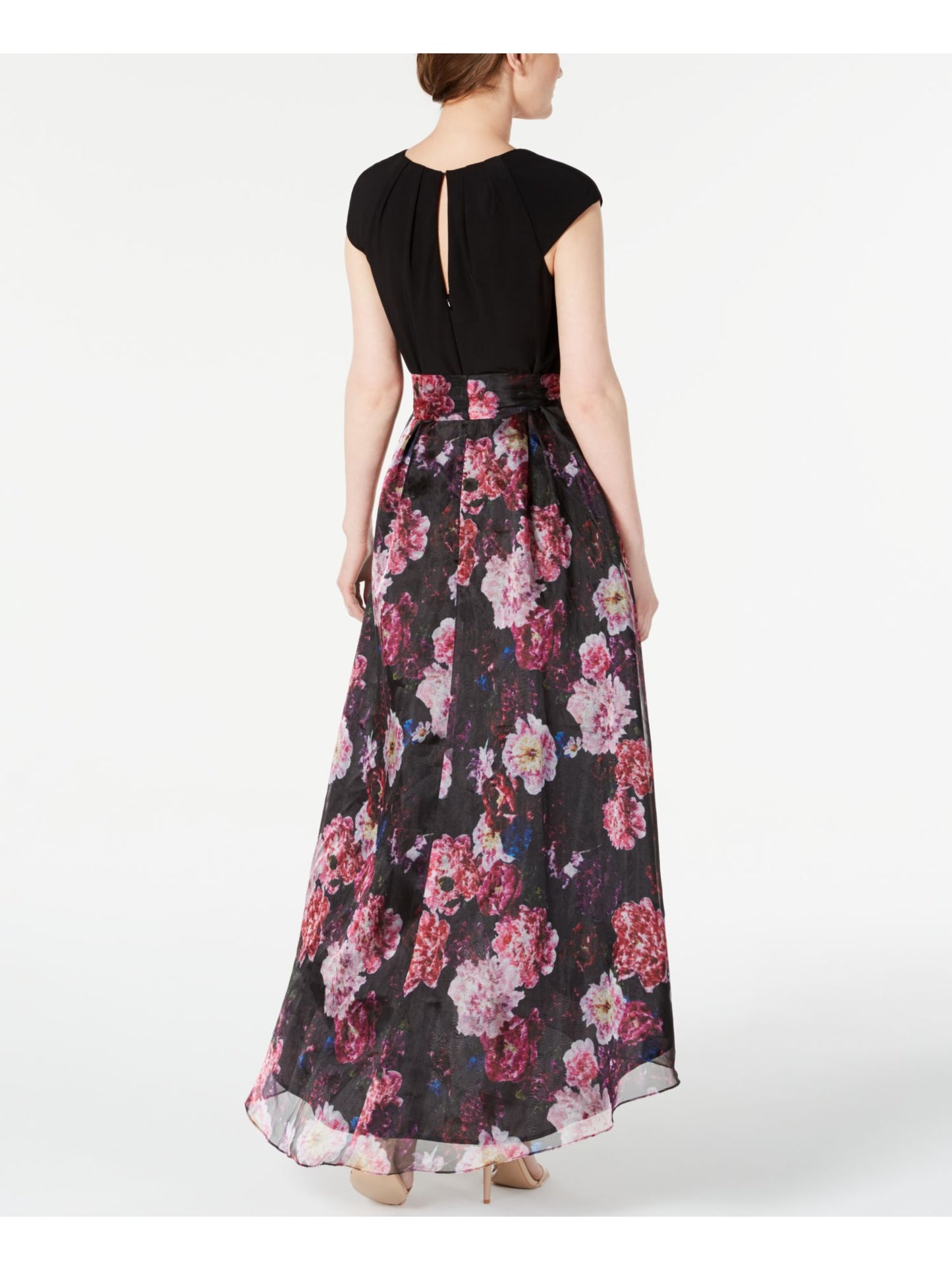 Vestido feminino SL Fashions, linha A, alto e baixo, estampa floral, gola plissada, preto, tamanho 8
