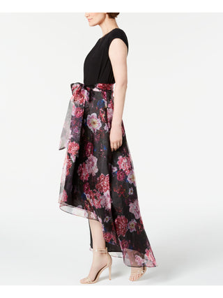 Vestido feminino SL Fashions, linha A, alto e baixo, estampa floral, gola plissada, preto, tamanho 8