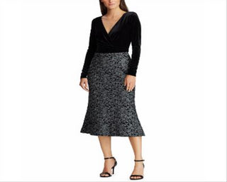 Vestido de veludo com renda Ralph Lauren feminino, preto, tamanho 18