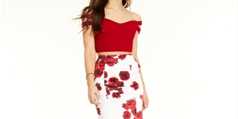 Teeze Me Top curto feminino de manga curta e ombro de fora, branco/vermelho, tamanho 1