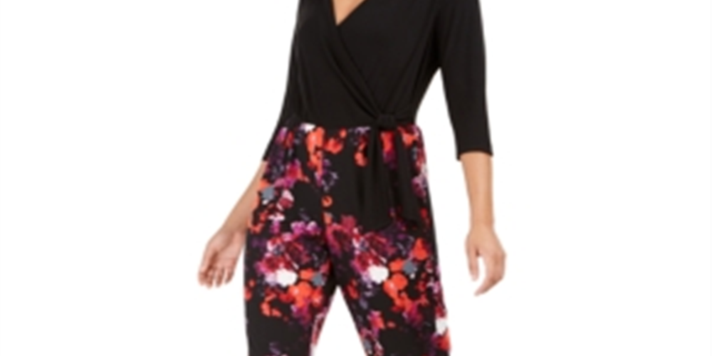 Macacão feminino com sobrepeliz estampado NY Collection, preto, tamanho pequeno e pequeno