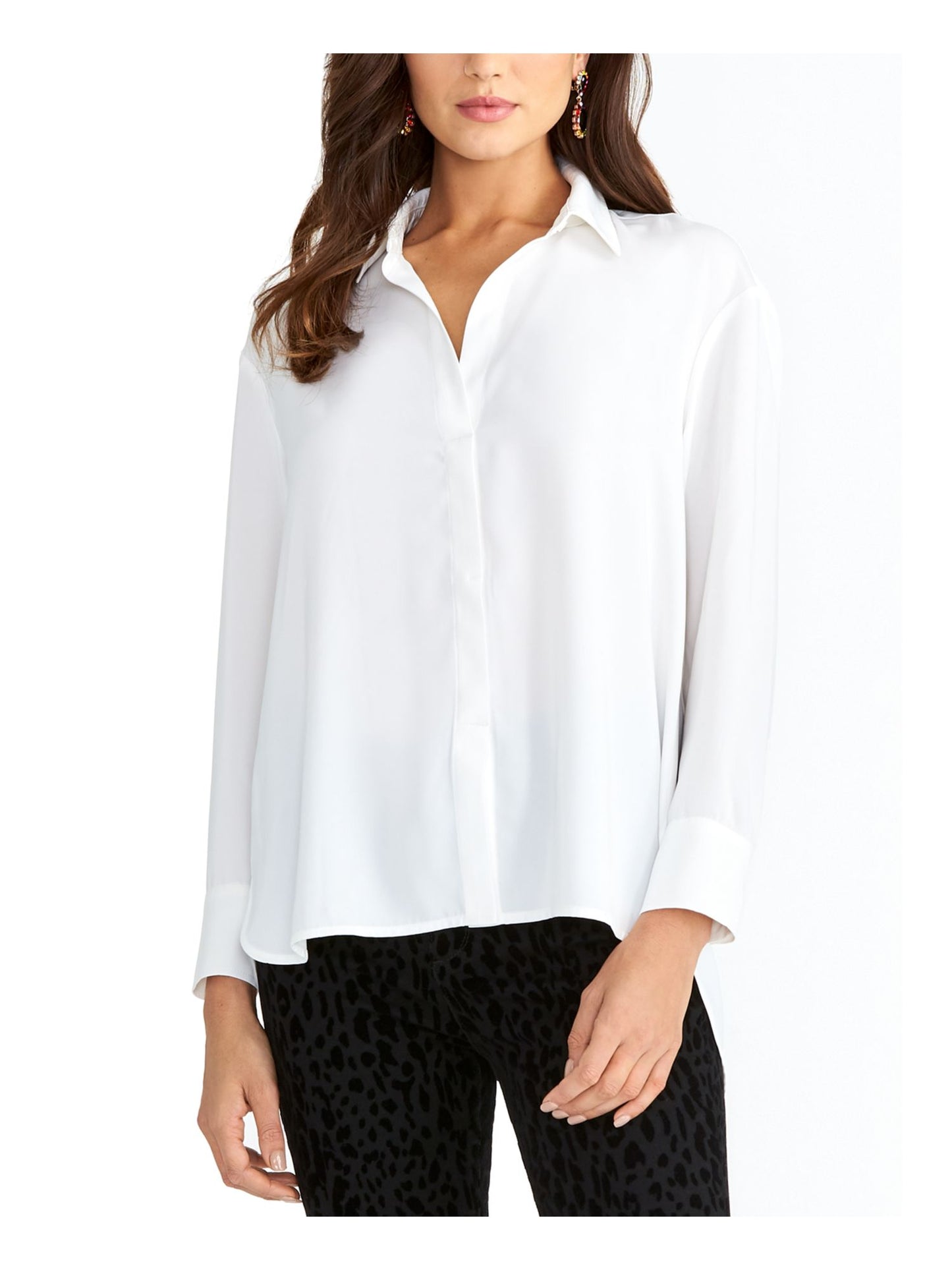 Blusa feminina Rachel Roy de manga comprida com gola e botões para usar no trabalho - branca, tamanho XX-G