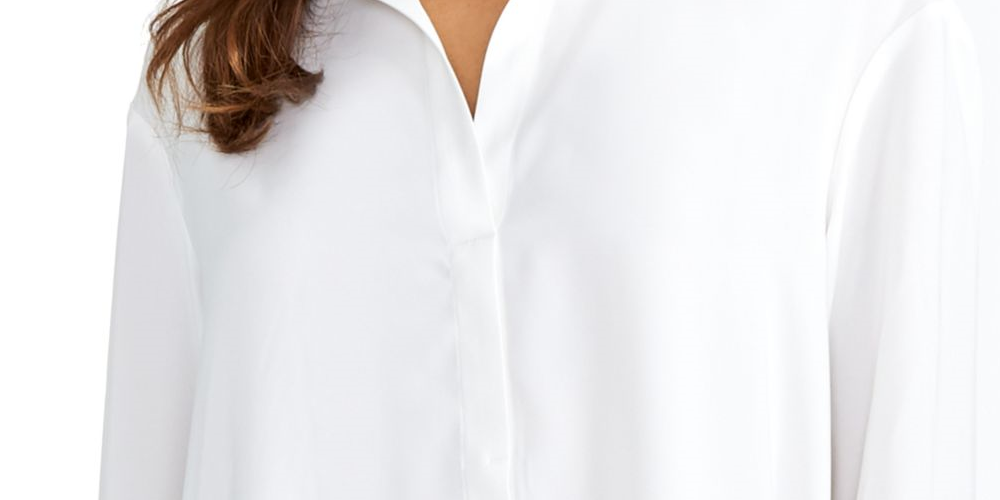 Blusa feminina Rachel Roy de manga comprida com gola e botões para usar no trabalho - branca, tamanho XX-G