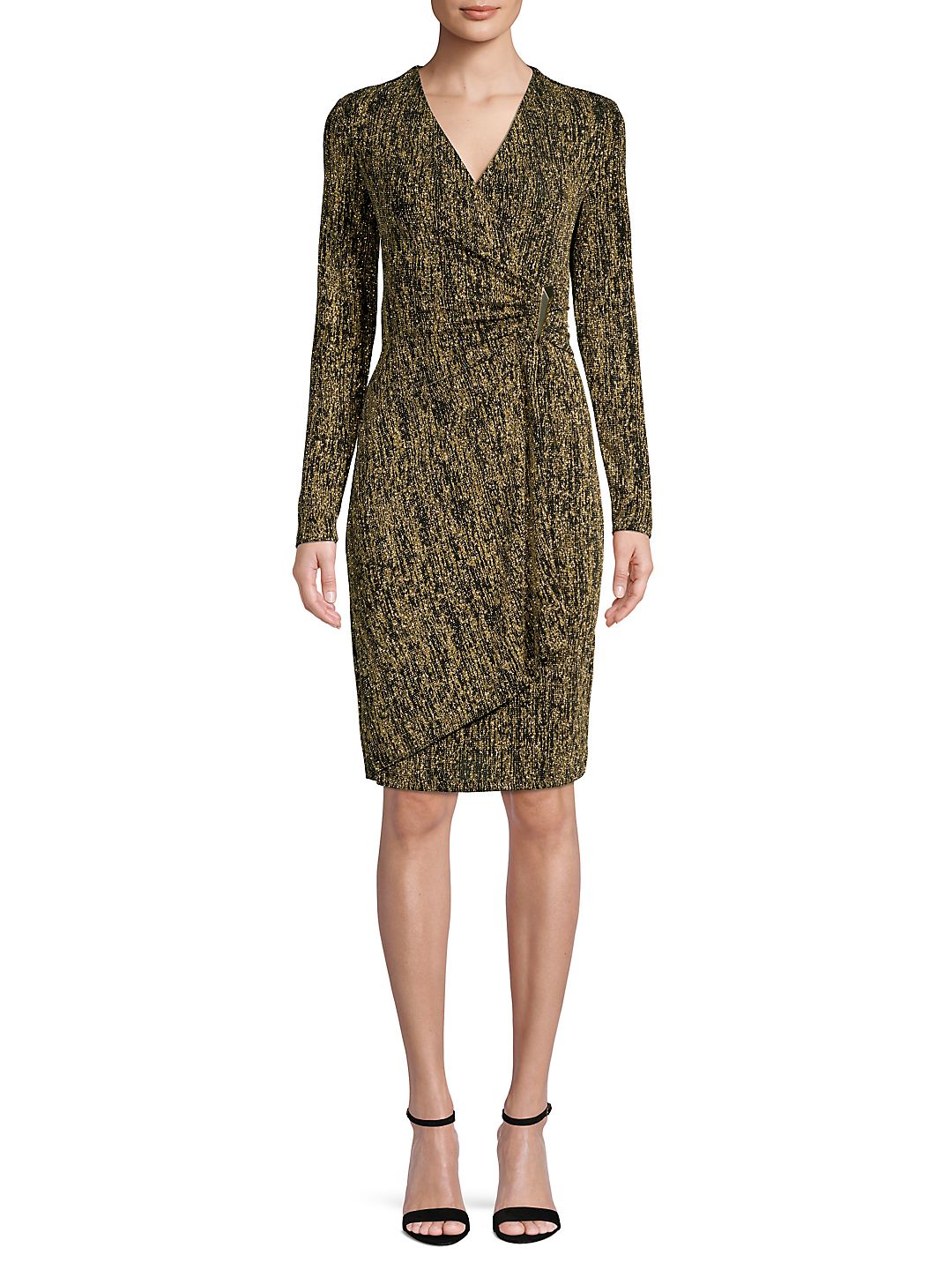 Vestido de festa Calvin Klein feminino com glitter, manga longa, decote em V, acima do joelho, amarelo, tamanho 10