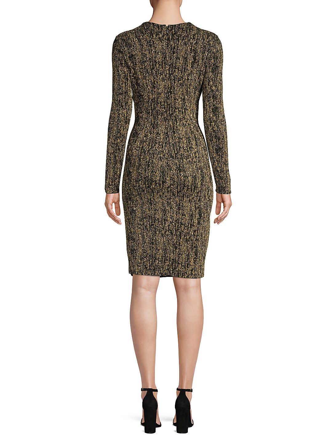 Vestido de festa Calvin Klein feminino com glitter, manga longa, decote em V, acima do joelho, amarelo, tamanho 10