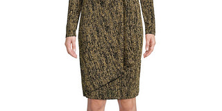 Vestido de festa Calvin Klein feminino com glitter, manga longa, decote em V, acima do joelho, amarelo, tamanho 10