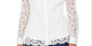 Camisa feminina de renda com botões Charter Club, branca, tamanho P