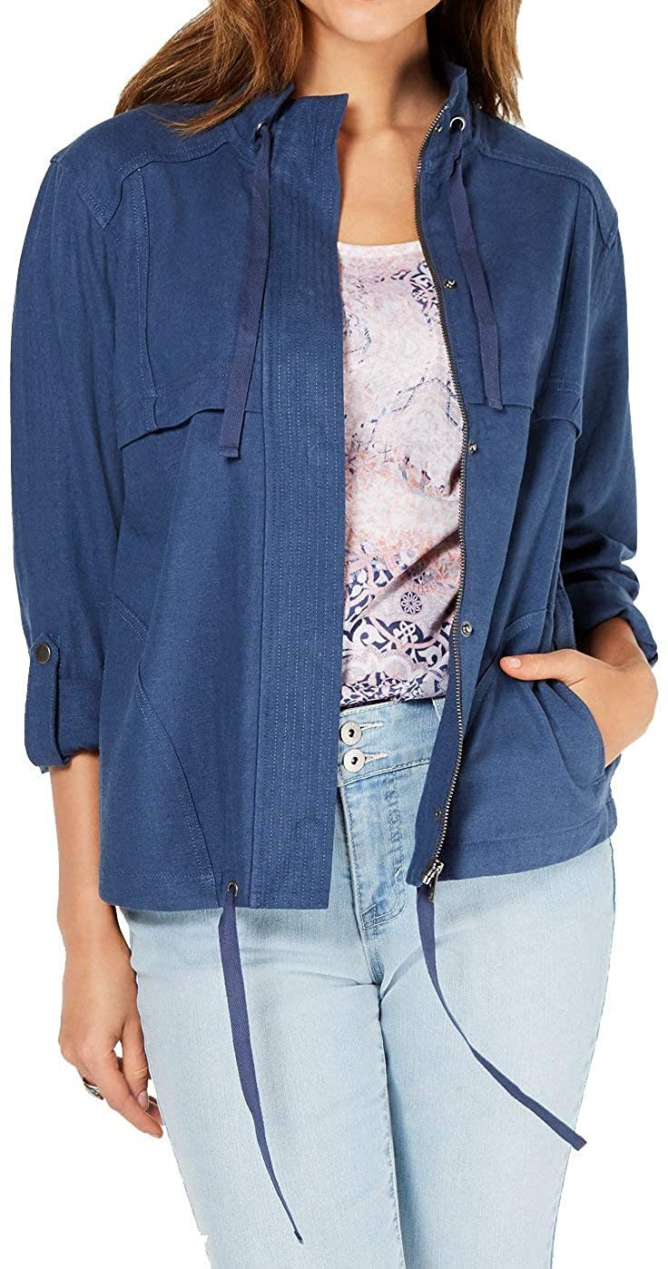 Jaqueta feminina com zíper e mangas bufantes estilo &amp; co, azul, tamanho G